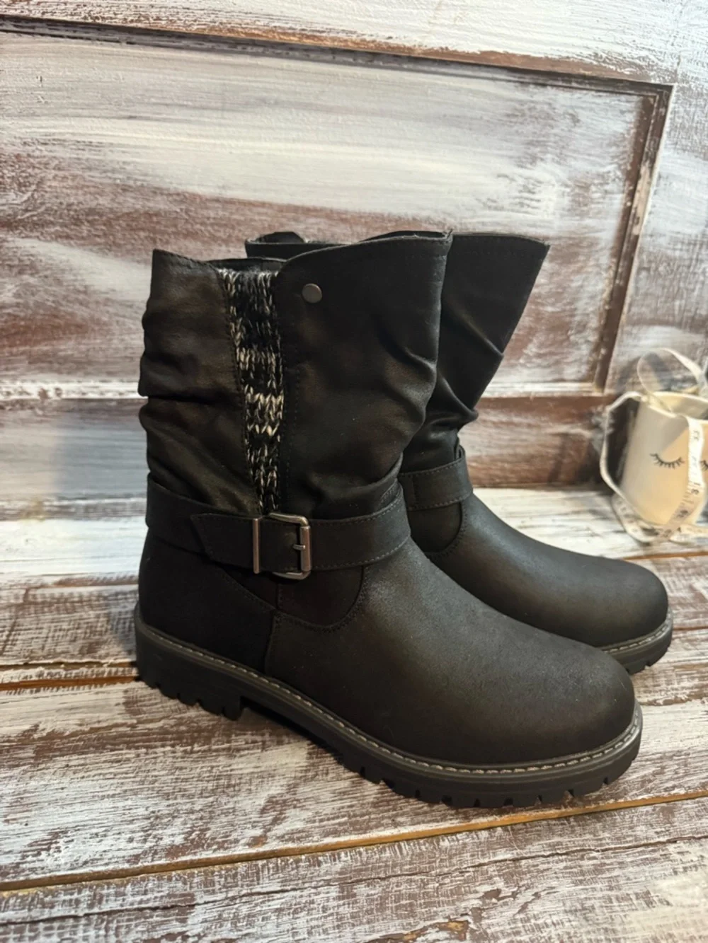 Women's Black Mid-Calf Buckled Winter Boots